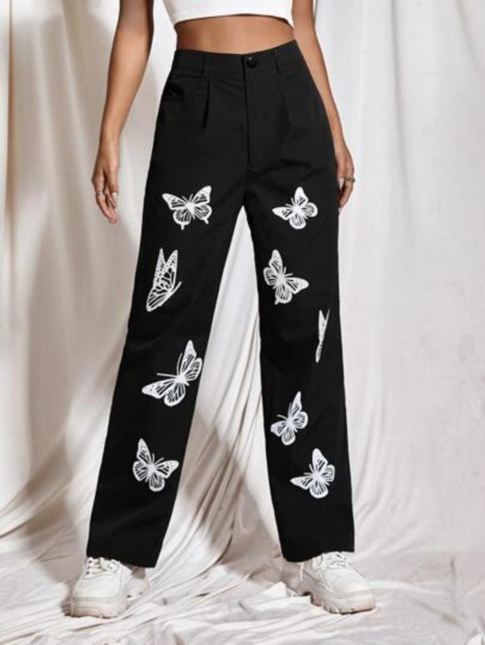 Unbranded Girls Black Butterfly Print Wide Leg Pants Youth